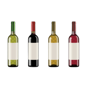 Four wine bottles with blank labels in green, red, and dark glass, representing variations in packaging linked to PEF technology food preser